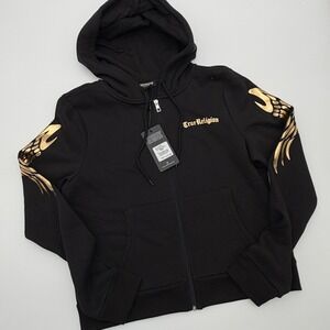 True Religion Mens TR Wings Zip Up Hoodie Jet Black Gold Metallic Streetwear Y2K